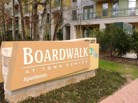 Entrance to Boardwalk at Town Center Apartments in The Woodlands, TX